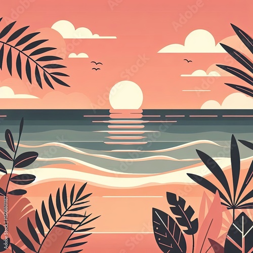 Sunset Over Calm Ocean and Palms