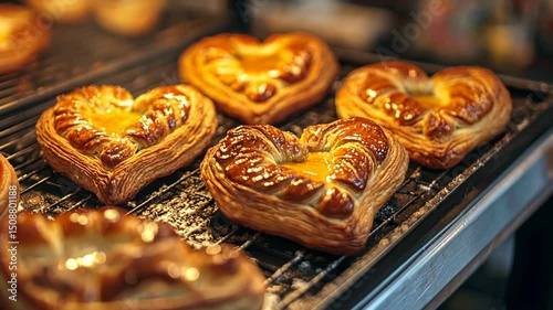 Golden brown heart shaped Danish pastries with apricot jam on a baking sheet cooling in a professional bakery