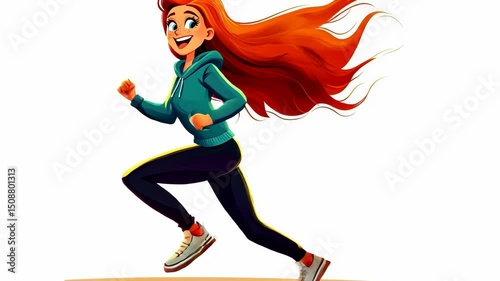 Cartoon style illustration of a red-haired girl running, wearing a hoodie and athletic pants, with a white background, full body side view.