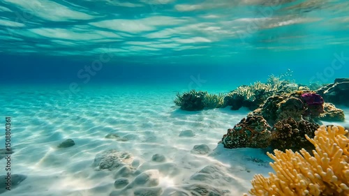 Underwater scenery showcasing coral reefs, sandy seafloor, sunlit water surface, and vibrant aquatic life in a tropical ocean environment.