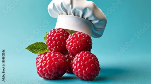 Red raspberries pile with chefs hat, set against a serene blue background in a culinary themed concept