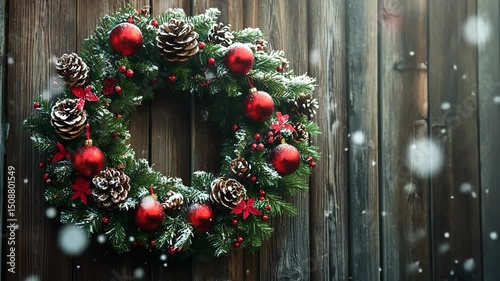 Festive Christmas wreath adorned with red ornaments, pine cones, and holly on weathered wooden planks with snow falling