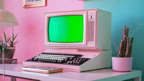 Retro computer setup with vibrant pink and teal wall, green screen monitor, vintage keyboard, cactus plant, and warm lamp creating a nostalgic workspace aesthetic