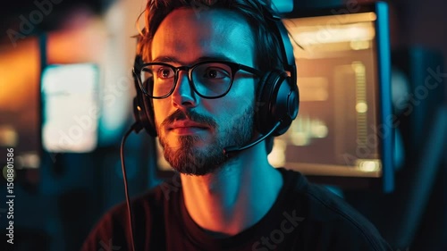 Young adult wearing glasses and headphones facing monitor in a dark, colorful illuminated room