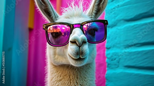 A llama portrait wearing stylish sunglasses with a colorful background in vertical close-up composition.