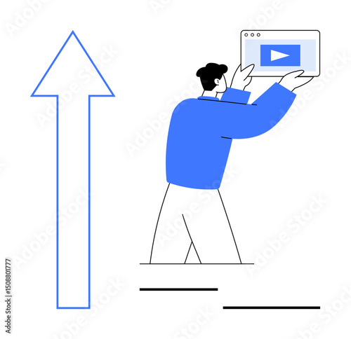 Man carrying video interface, blue upward arrow representing growth, progress. Ideal for business, digital marketing, tutorials, online learning, content creation, growth strategy simple landing