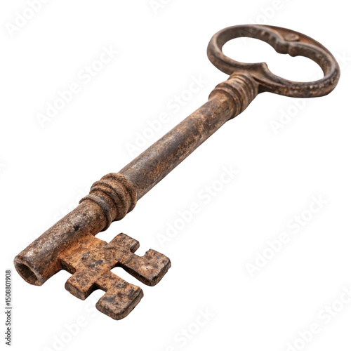 Old rusty antique metal key isolated on white background