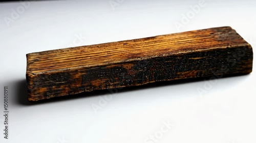 Close-up of a rectangular piece of textured dark brown aged wood featuring charred areas on a seamless white surface for background texture.