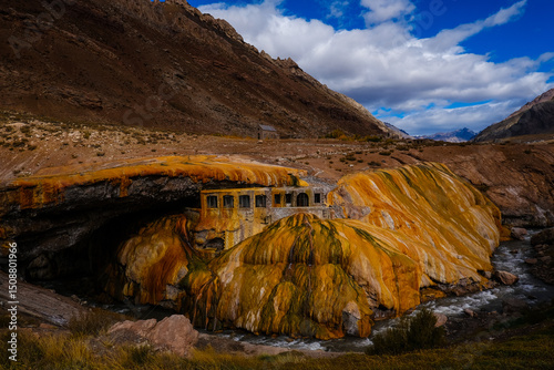 Puente del Inca (Inca Bridge) in Mendoza, Argentina – Natural Orange Rock Formation, Iconic Landmark, Andes Mountains Tourist Attraction, Historic and Scenic Destination