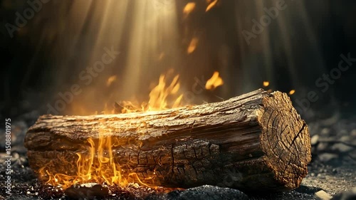 Fire licking a piece of wood lying on the ground in the forest with light rays illuminating the scene, creating a warm, and mystical atmosphere.