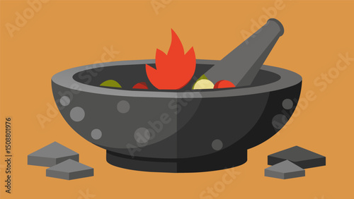 A display of traditional molcajetes volcanic rock mortar and pestles highlight the importance of grinding and mixing in the Latin American cooking process.. Vector illustration