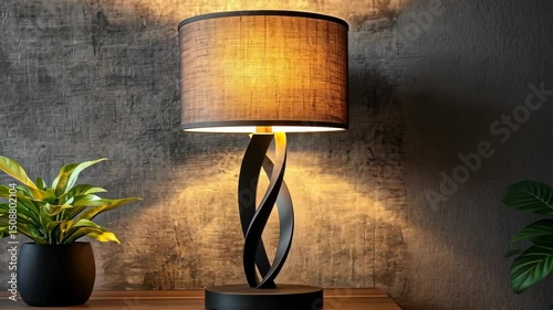 Elegant table lamp with linen shade illuminating a room with textured dark gray wall and green potted plant on a wooden surface