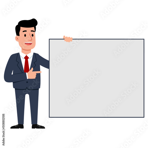 Flat vector cartoon illustration of a smiling adult man in business attire holding a blank white placard tilted to the right and pointing or glancing toward it. Perfect for customizable messages.
