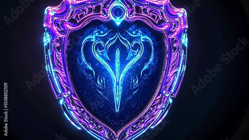 Intricate shield emblem design with glowing neon blue and purple outline and detailed internal decoration on a dark background.