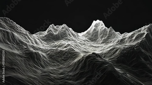 Abstract white mountains landscape, geological formations with texture lines on black background, artistic mountain ranges illustration
