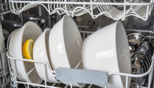 Clean white dishes and a lemon in modern dishwasher rack  