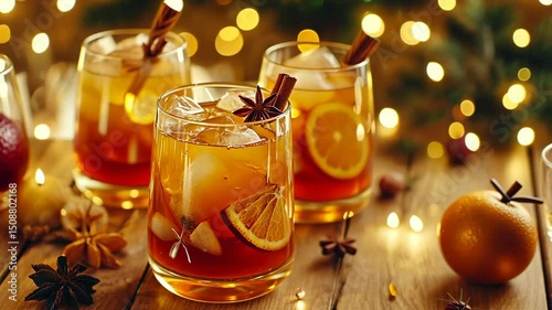 Festive holiday cocktails with ice, orange slices, and cinnamon sticks, set against warm bokeh lights on rustic wood for a cozy ambience.