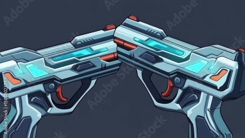 Futuristic Sci-Fi Pistols Clipart, Two Handguns with Blue Glowing Elements, Fantasy Armaments Illustration, Weapons Design