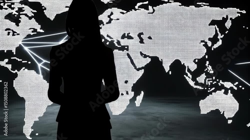Silhouette of a woman in front of a world map with glowing connections representing global networks and international communication and data exchange.