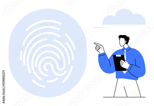 Man holding clipboard pointing at a fingerprint graphic. Ideal for privacy, authentication, security, biometrics, technology, identity verification. Minimalist flat simple metaphor