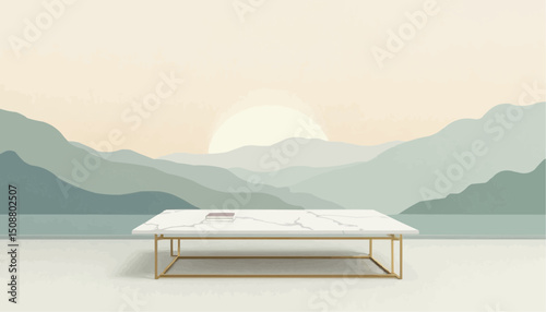 Marble coffee table with gold frame and mountain view