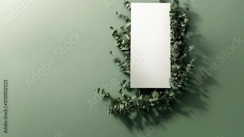Blank vertical rectangle with fresh eucalyptus foliage on pastel green backdrop, copy space, minimal composition with soft shadows for design mockup