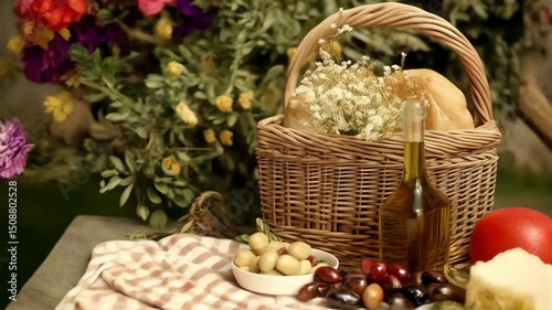 Mediterranean picnic arrangement featuring bread basket, olive oil bottle, olives, tomato, and cheese on gingham cloth outdoors
