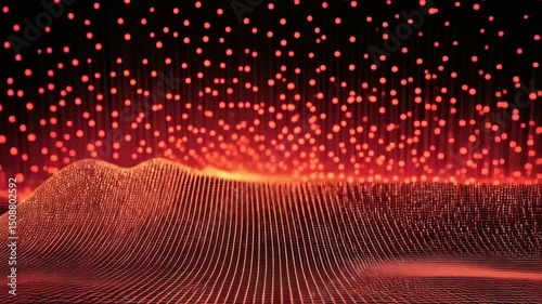 Abstract digital landscape with a grid, glowing particles, and radiant light, simulating technology, data, or a virtual environment.
