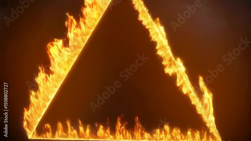 Dramatic animation featuring a fiery triangle with intense burning flames against a dark, smoky backdrop with bright, glowing embers, abstract design.