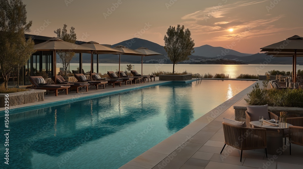 Fototapeta premium Infinity pool with sunset view and loungers at luxury resort in Bodrum, Turkey