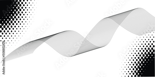 Flowing dots particles wave pattern 3D curve halftone black gradient curve shape isolated on white background. Vector in concept of technology simple art