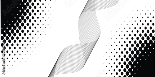 Flowing dots particles wave pattern 3D curve halftone black gradient curve shape isolated on white background. Vector in concept of technology simple art