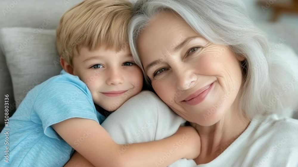 Portrait of smiling grandmother and grandson looking at camera while lying on sofa at home Portrait of smiling grandmother and grandson looking at camera while lying on sofa at home