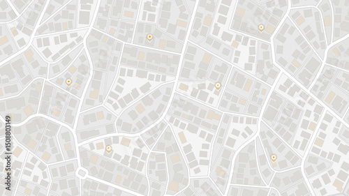 Simple city plan with pins and buildings. Abstract city map urban streets and road networks. Travel route planning and map navigation concepts. Flat vector illustration