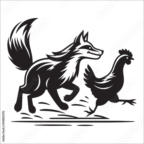 A stylized black and white illustration of a fox chasing a hen a whimsical animal graphic design perfect for various applications