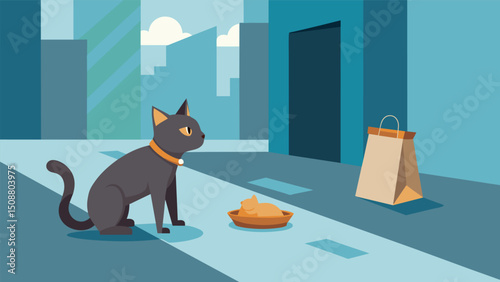 A stray cat looks on from the sidewalk hoping for a scrap of pan dulce to fall from a busy customers bag.. Vector illustration