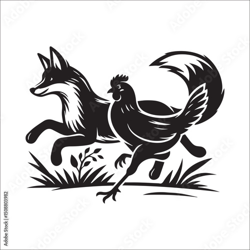 A stylized black and white illustration of a fox chasing a hen a whimsical animal graphic design perfect for various applications