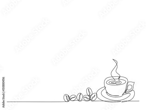 A ccup of coffee with coffee beans in single line draw illustration. Continuous one line drawing of Coffee and beans. Editable stroke.