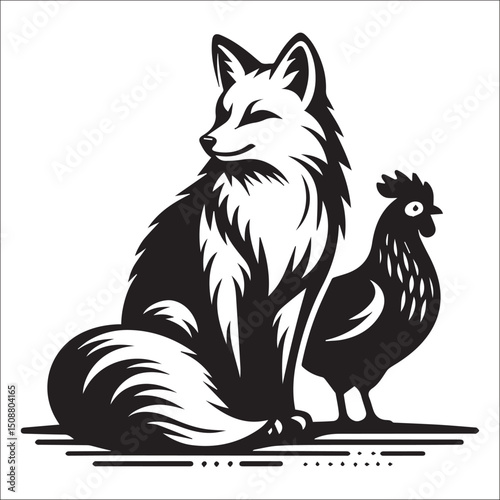 Majestic Fox and Rooster Illustration Black and White Design Animal Graphic Art | A striking black and white illustration featuring a fox and rooster side by side. Perfect for branding, logos, or art