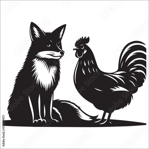 Majestic Fox and Rooster Illustration Black and White Design Animal Graphic Art | A striking black and white illustration featuring a fox and rooster side by side. Perfect for branding, logos, or art