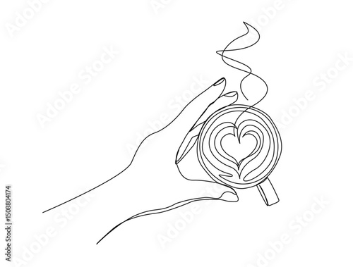 Hand holding a cup of coffee in single line draw illustration. Continuous one line drawing of hand holds coffee latte. Editable stroke.