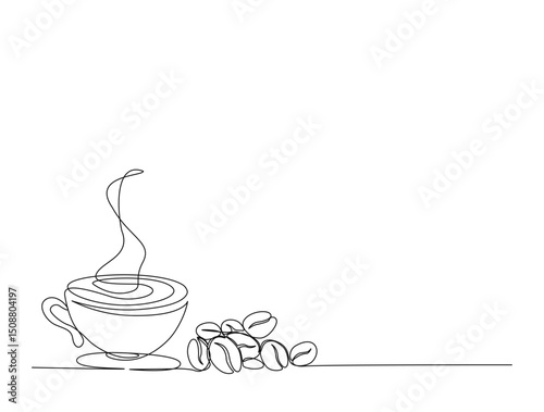 A ccup of coffee with coffee beans in single line draw illustration. Continuous one line drawing of Coffee and beans. Editable stroke.