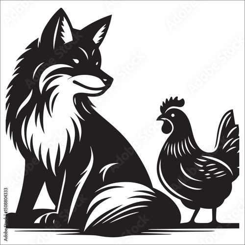 Majestic Fox and Rooster Illustration Black and White Design Animal Graphic Art | A striking black and white illustration featuring a fox and rooster side by side. Perfect for branding, logos, or art