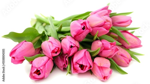 A bouquet of pink tulips is arranged in a vase. The flowers are fresh and vibrant, creating a cheerful and uplifting atmosphere