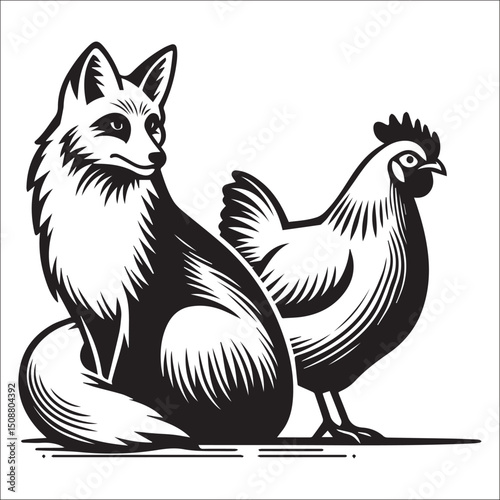 Majestic Fox and Rooster Illustration Black and White Design Animal Graphic Art | A striking black and white illustration featuring a fox and rooster side by side. Perfect for branding, logos, or art
