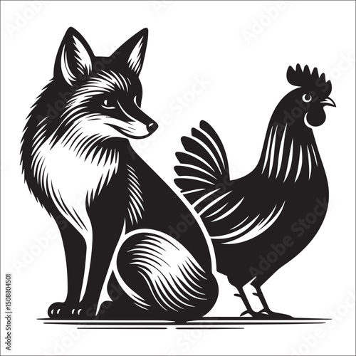 Majestic Fox and Rooster Illustration Black and White Design Animal Graphic Art | A striking black and white illustration featuring a fox and rooster side by side. Perfect for branding, logos, or art