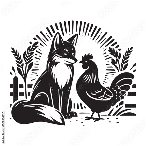 Majestic Fox and Rooster Illustration Black and White Design Animal Graphic Art | A striking black and white illustration featuring a fox and rooster side by side. Perfect for branding, logos, or art