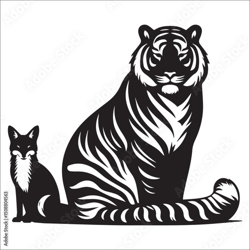 Majestic Tiger and Fox in Striking Black and White Design Perfect for Wildlife Art Prints and Apparel