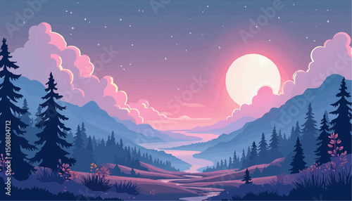 Landscape with Moon and Trees Illustration