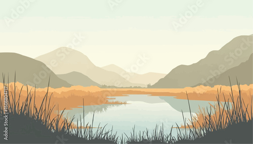 Mountain Landscape with Lake and Grasses Vector Illustration